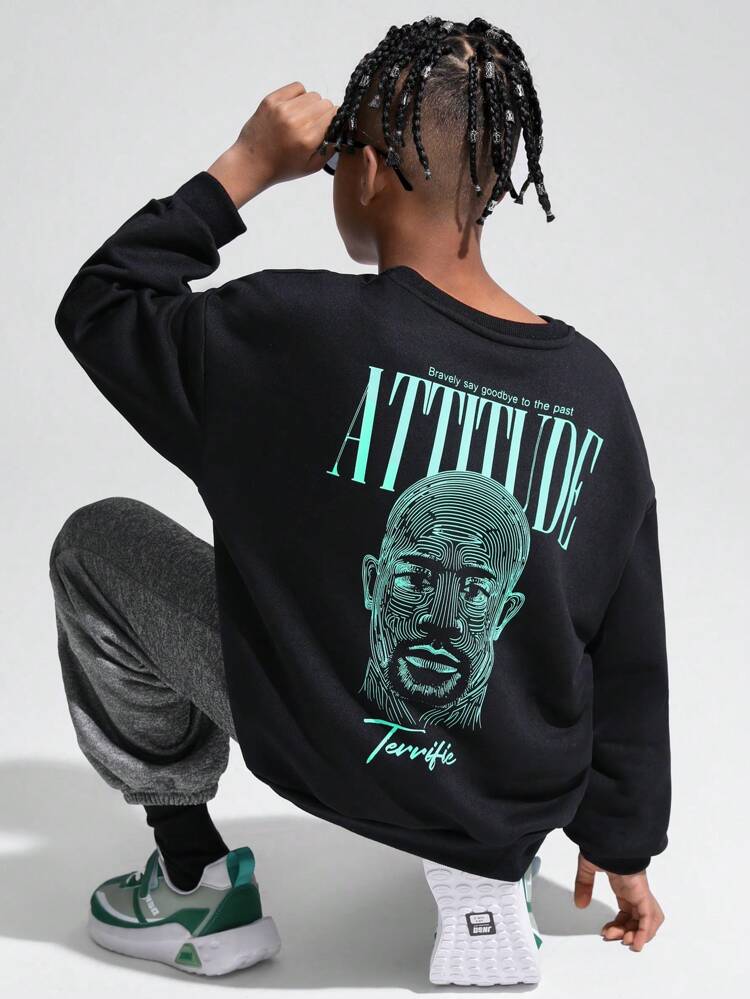 2pcs Tween Boy Casual Printed Pattern Crewneck Sweater And Solid Pants Knit Set, Fleece Thickened