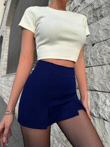 EURMUSE High Waist Split Hem Skort - Navy Blue - View 5