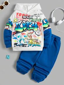 2 件装年轻男孩舒适连帽运动衫，带撞色印花图案和纯色运动裤套装，保暖内衬，加厚 - 彩色 - 查看 1