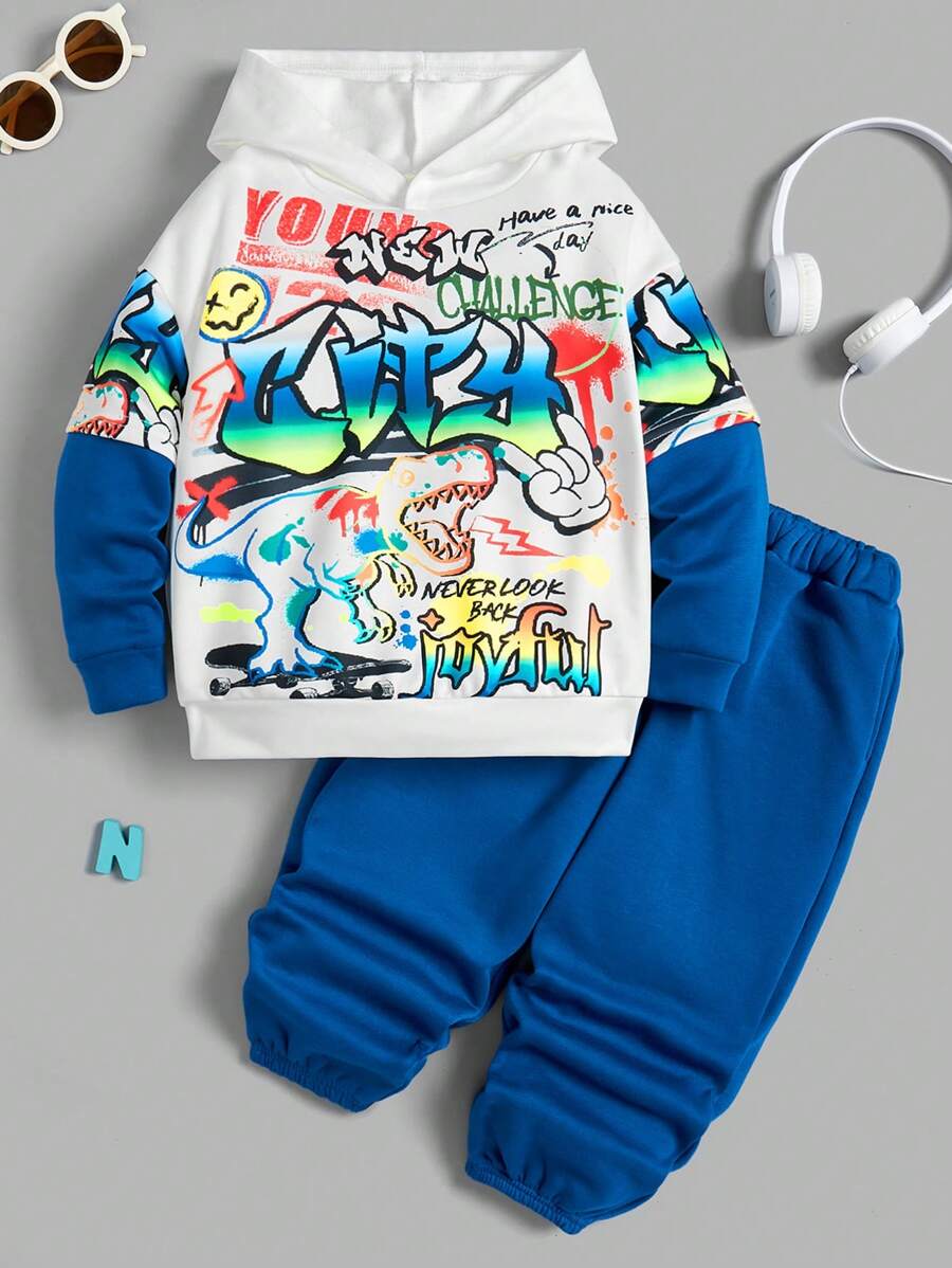 2 件装年轻男孩舒适连帽运动衫，带撞色印花图案和纯色运动裤套装，保暖内衬，加厚 - 彩色 - 查看 1