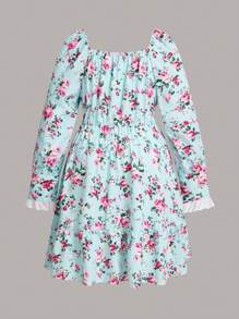 Flirla Plus Size Women's Floral Print Ruffle Hem Skater Dress With Sweetheart Neckline - Green - View 2