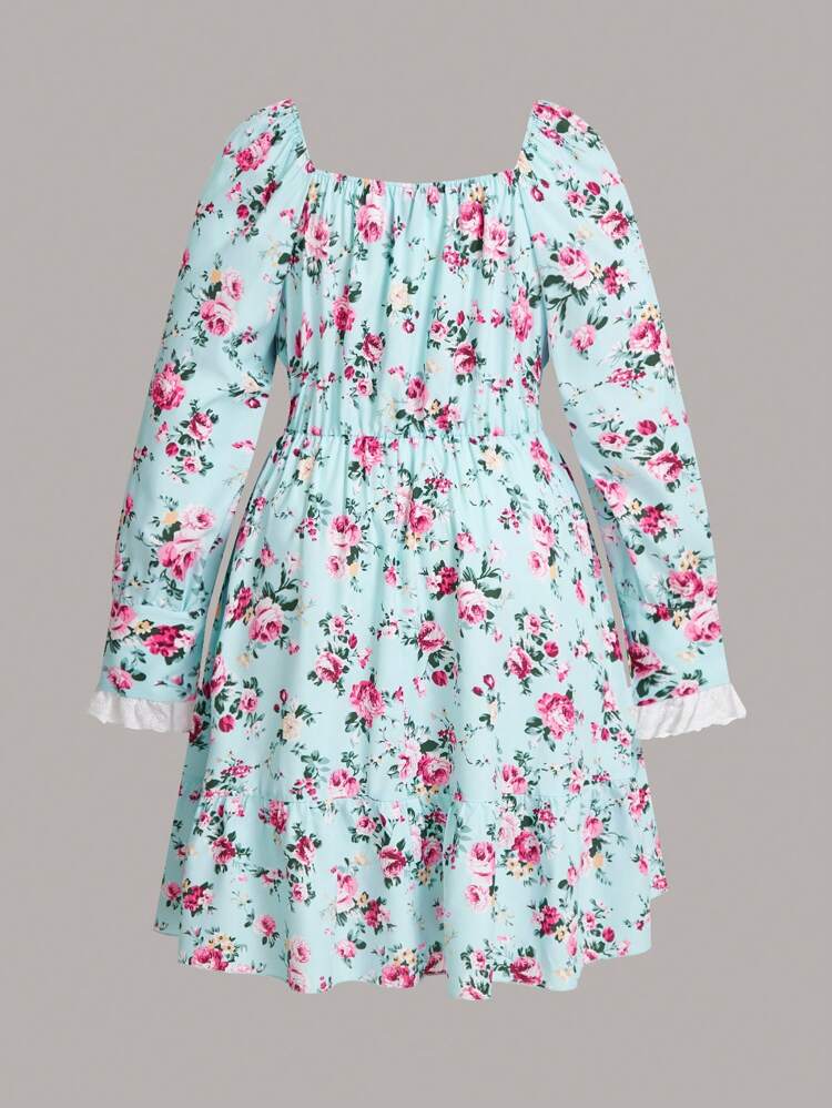 Plus Size Women's Floral Print Ruffle Hem Skater Dress With Sweetheart Neckline