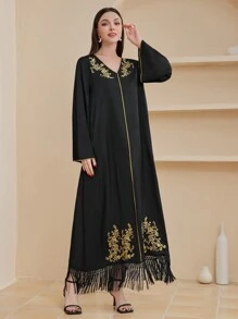 Al Najma 女式金色刺繡傳統長款襯衫,深v領設計