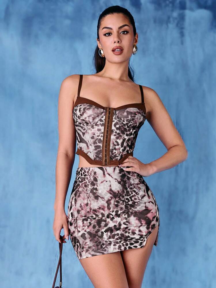 Elegant Ladies' Leopard Print Mesh Bustier Corset Fishbone Strap Tank Top With Chest Cup