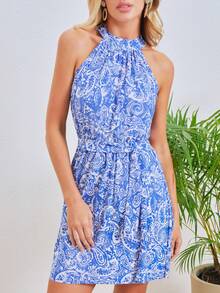 Shein短裙式圓裙單肩女裝連衣裙,配腰帶 - 藍白色 - 查看 4