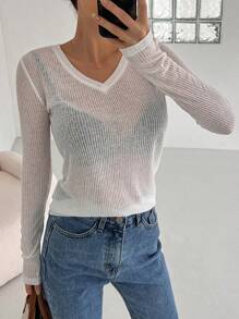 DAZY Women's Ribbed Semi-See-Through T-Shirt Sheer Long Sleeve Women Tops - White - View 6