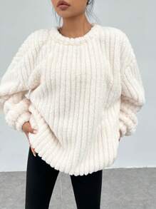 SHEIN EZwear 春季连衣裙纯色落肩泰迪运动衫，女士冬季休闲长袖圆领超大常规白色落肩套头衫女式连帽衫，长袖上衣 - 白色 - 查看 4