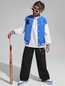 SHEIN Tween Boys' Casual Letter Patch Thermal Lined Baseball Collar Cardigan Thick Warm Woven Jacket - Blue - View 5