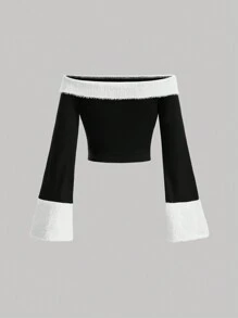 SHEIN MOD 女款修身剪裁,露肩波浪袖t恤,撞色設計 - 黑與白 - 查看 5
