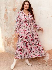 SHEIN Franclia Kích thước lớn Của phụ nữ In hoa Nhiều lớp Xù Hoa Sen Đầm - Nhiều màu - Xem 1