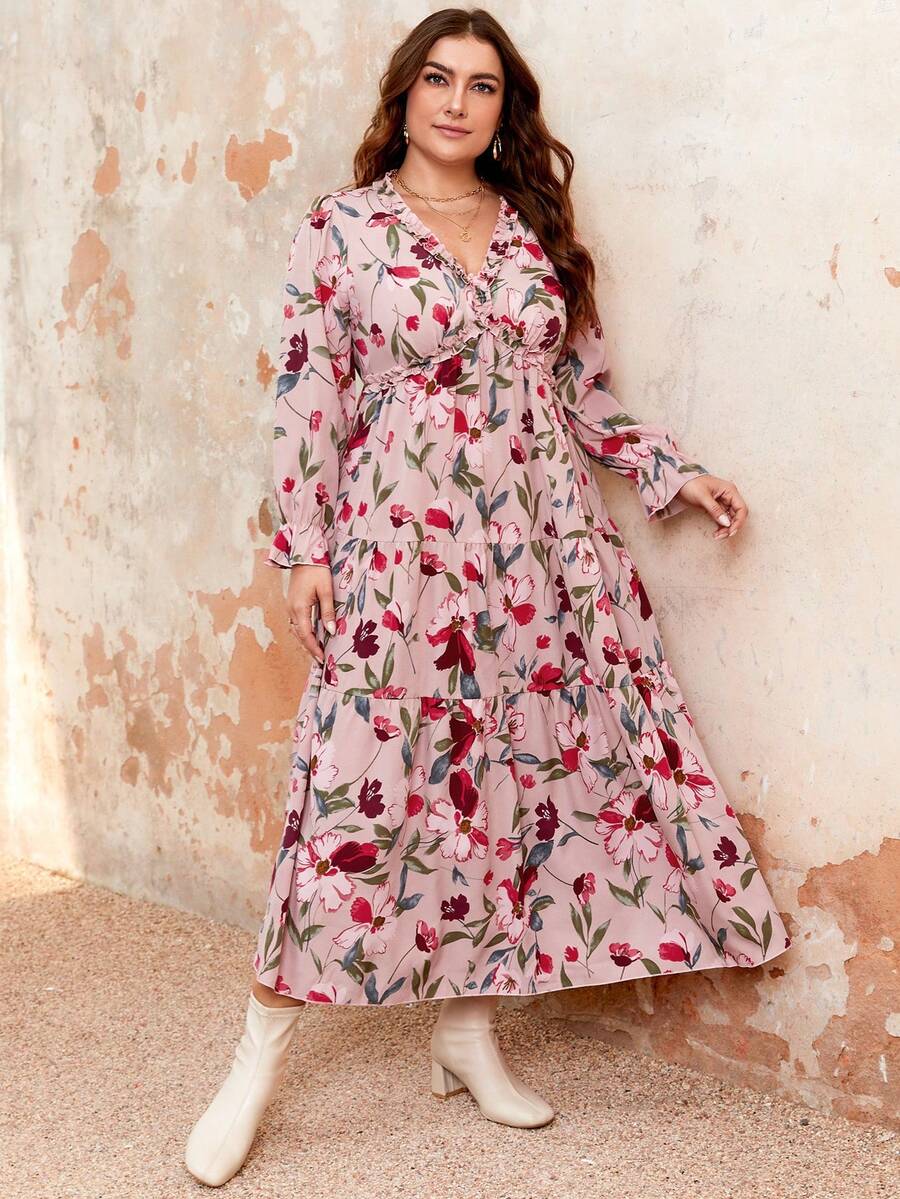 SHEIN Franclia Kích thước lớn Của phụ nữ In hoa Nhiều lớp Xù Hoa Sen Đầm - Nhiều màu - Xem 1