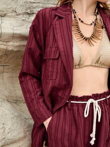 Bohemela Lapel Collar Flap Pocket Blouse & Shorts Set - Burgundy - View 9