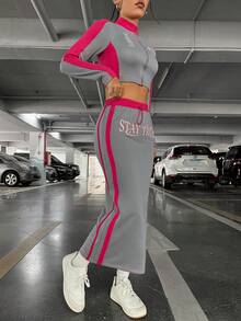 SHEIN PETITE Conjunto De Top Corto Y Falda Para Mujer Con Impresión De Letras Y Bloque De Color - Multicolor - Ver 4