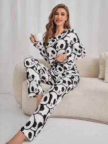 Panda Print Women Crew Neck Long Sleeve Top And Pants Pajama Set, Winter Clothes - Black and White - View 1