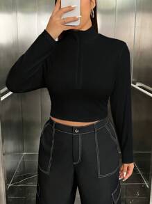 SHEIN EZwear Camiseta De Manga Larga Con Cuello Vuelto Y Talla Grande Para Mujer