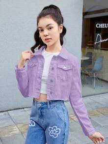 SHEIN Chaquetas De Mezclilla Con Manga Larga Deshilachada Para Adolescentes - Morado - Ver 3