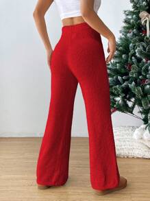 SHEIN EZwear 高腰直筒針織褲 - 紅色 - 查看 2