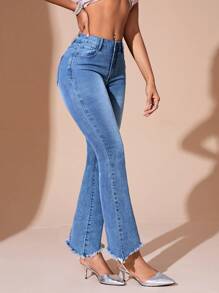 SHEIN BAE Women's Vintage Style Washed Flared Jeans With Slanted Pockets And Raw Hem - Medium Wash - View 6