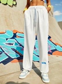 Streetz SHEIN Sport Của phụ nữ Eo dây rút Lỏng lẻo phù hợp Quần thể thao Với Đàn hồi - trắng - Xem 6