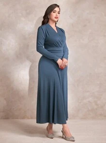 Modelyn 女士v領長袖連衣裙 - 藍色 - 查看 4