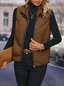 Của phụ nữ Không tay Dây kéo Áo vest - Cà phê nâu - Xem 6