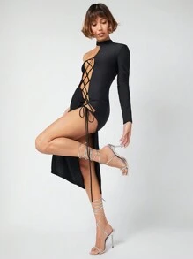 Hauture 单肩系带镂空开叉性感连衣裙 - 黑色 - 查看 4