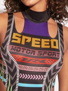 SHEIN Unity Racing Graphic Cut Out Bodysuit - Purple - View 4