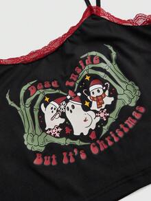 Rosie Của phụ nữ Ren Vá lại Giáng sinh Con ma In Áo ba lỗ Áo ba lỗ - màu đen - Xem 4