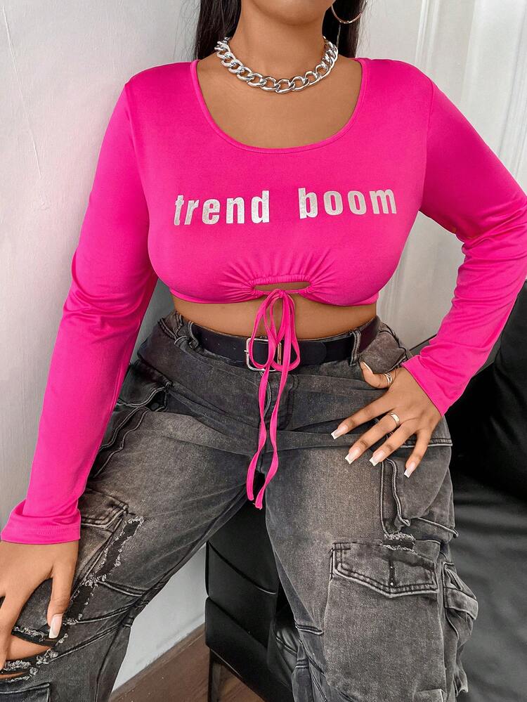 Women's Plus Size Letter Print Drawstring Cropped T-shirt
