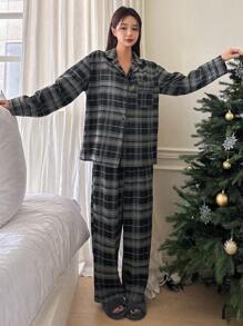 DAZY Women's Plaid Shirt And Long Pants Pajama Set