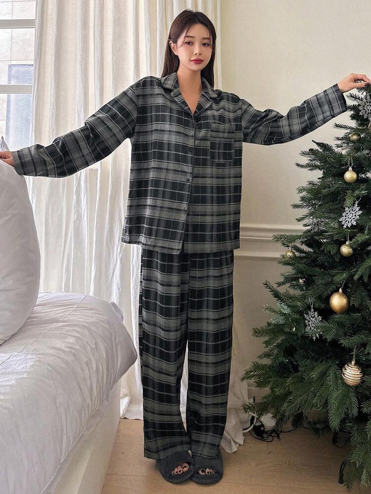 Women's Plaid Shirt And Long Pants Pajama Set, Fall Clothes Christmas,New Year