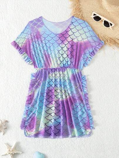 Tween Girl Summer Swimsuit Cover Up With Fish Scale Gradient Print And Ruffle Hem Kids Swimming ,Kids Beachwear
