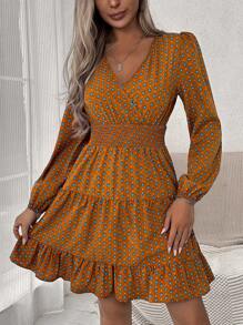 SHEIN LUNE 滿版印花交疊領荷葉邊洋裝 - 彩色 - 查看 1