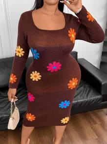 Flirla Women's Plus Size Floral Patterned Sweater Dress With Large Round Neckline Fall Cloth For Women - Coffee Brown - View 1