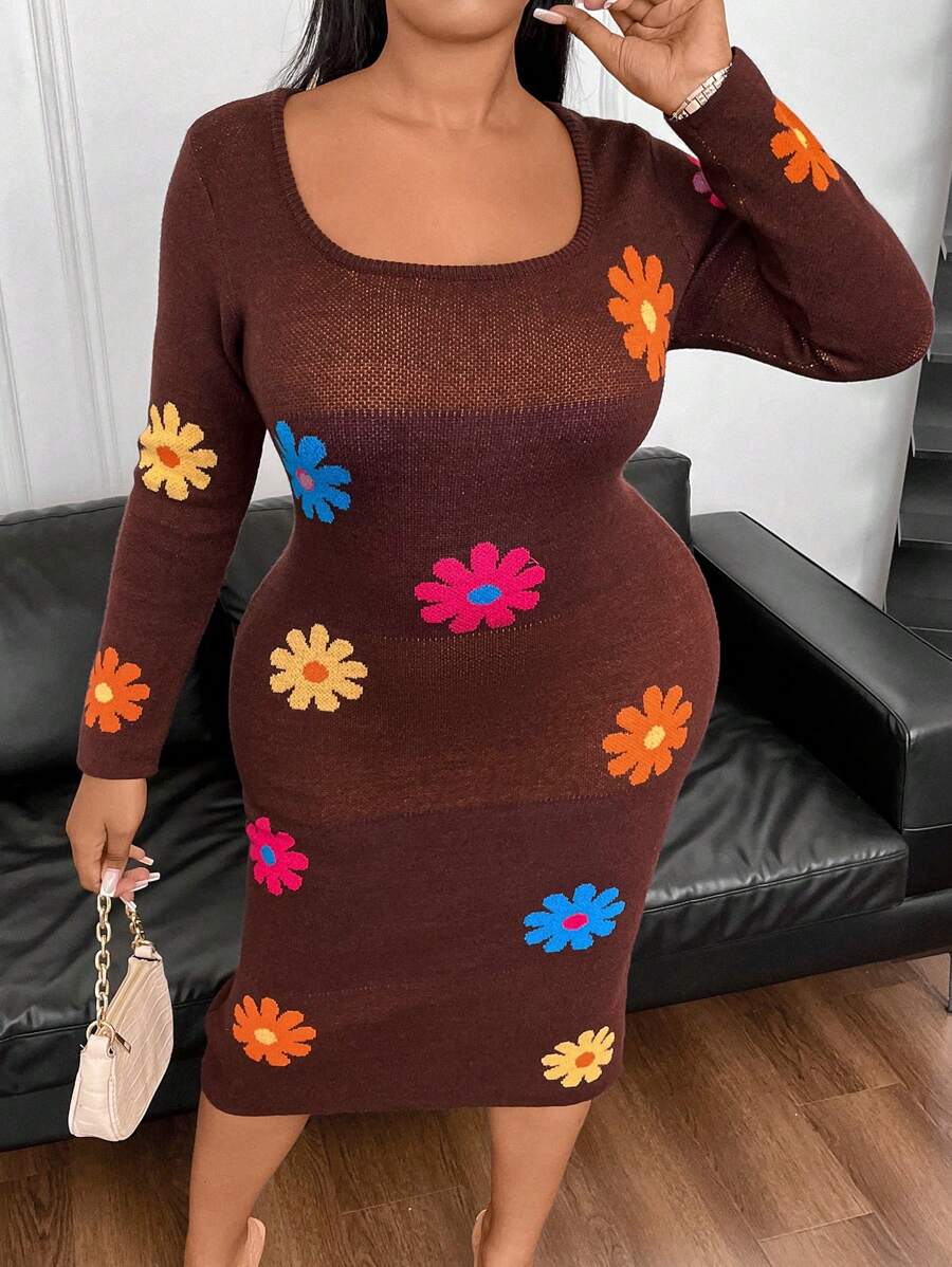 Flirla Women's Plus Size Floral Patterned Sweater Dress With Large Round Neckline Fall Cloth For Women - Coffee Brown - View 1