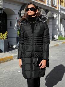 RueChic Zip Up Fuzzy Trim Hooded Puffer Coat - Black - View 3