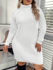 SHEIN LUNE Plus Size Solid Color High Neck Raglan Sleeve Sweater Dress