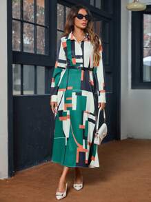 SHEIN Clasi 女士幾何圖案長袖襯衫連身裙 - 彩色 - 查看 4