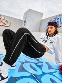 Street Sport Của phụ nữ Eo đàn hồi Paneled Đường may bên Có chân Theo dõi Quần - màu đen - Xem 5