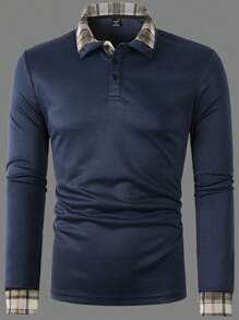 Manfinity Homme Men's Plaid Long Sleeve Polo Shirt - Royal Blue - View 3