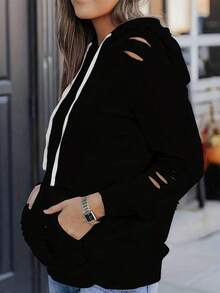 Camiseta Casual Para Mujer Con Bolsillos En La Parte Delantera, De Color Rosa Con Capucha Y Manga Larga, Con Diseño De Moda De Agujeros - Negro - Ver 4