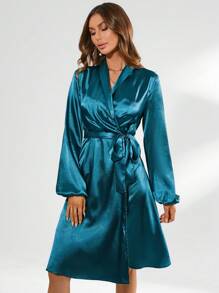 GENKIRA Wrap Front Lantern Sleeve Long Sleeve Dress Fall Cloth For Women - Teal Blue - View 5