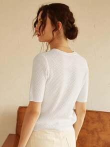 Knit Mix Women's Spring/Summer Knitted French Commuter Solid Color Round Neck Short Sleeve Floral Regular Fitted T-Shirt (Floral Pattern Random)