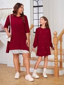 SHEIN 女孩編織純色釘珠鬆身休閒連衣裙,圓領,媽咪和我配套款式(兩件分開售賣) - 紅色 - 查看 1