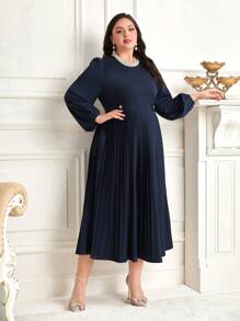 Modelyn 大尺碼女裝百褶袖收腰連衣裙