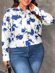 SHEIN Franclia Plus Size Floral Print Blouse With Tie Neck - Multicolor - View 4