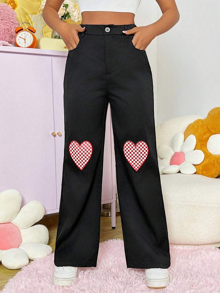 Red Plaid Heart Print Straight Leg Pants