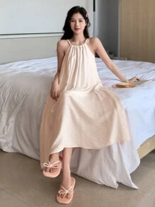 DAZY Women's Solid Color Halter Neck Nightgown Pajama - Apricot - View 5