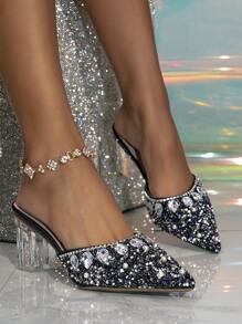 Women's Fashion High Heel Mules, Dazzling Crystal Embellishment, Transparent Crystal Chunky Heel, Lightweight Sexy & Elegant Heels, Fashion Comfortable Pointed Toe Slip-On, Suitable For High Heels & Mules Wear, Wedding, Party, Beach, Office, Valentine's Day - Navy Blue - View 3