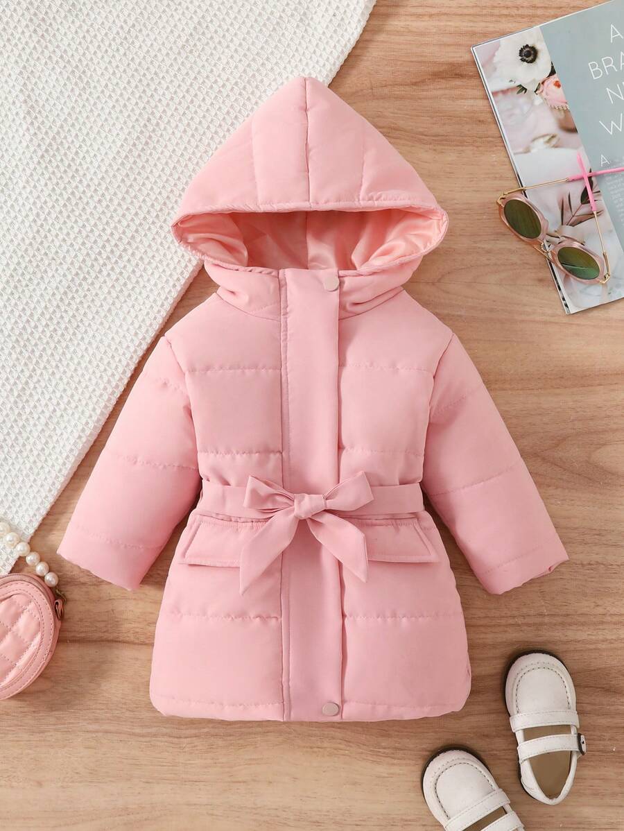 Baby Girl 1pc Hooded Belted Padded Coat - Pink - View 1